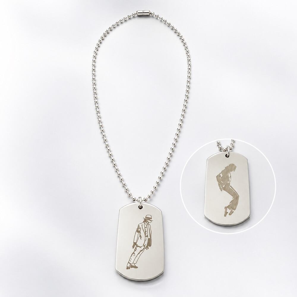 Michael Jackson Inspired Two-Sided Dog Tag Necklace Silver-Tone Ball Chain